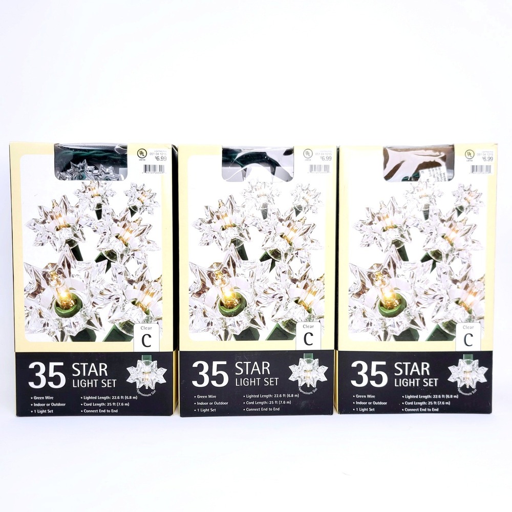 3 Sets NEW Star Reflector Christmas Tree Lights Clear Incandescent Y2K Retro Lot